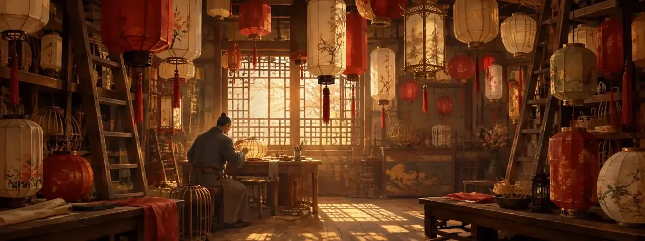 红果短剧网页版工作室：灯坊内的木梯与悬吊纸灯