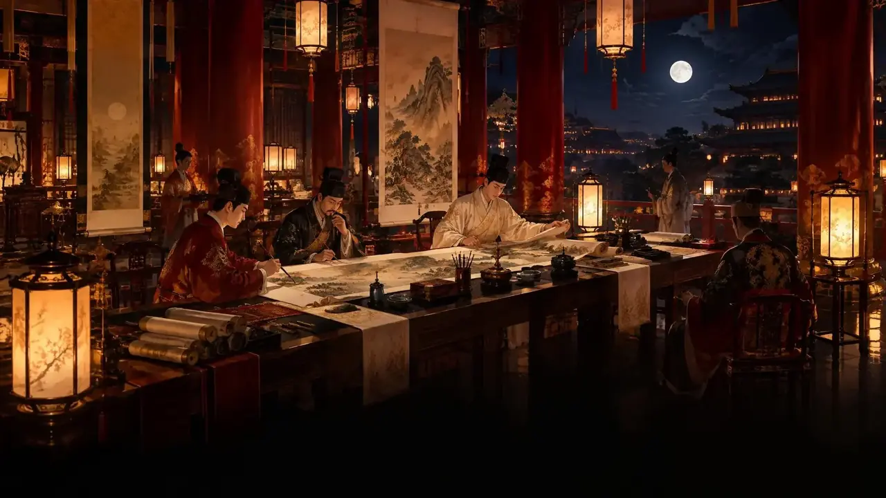 画师引短剧长幅海报：画院长案与悬挂的绢本