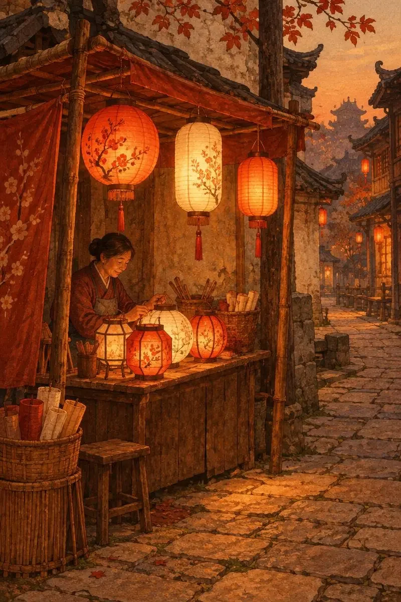 长街拾灯短剧封面：长街角落的破旧灯摊与三只纸灯