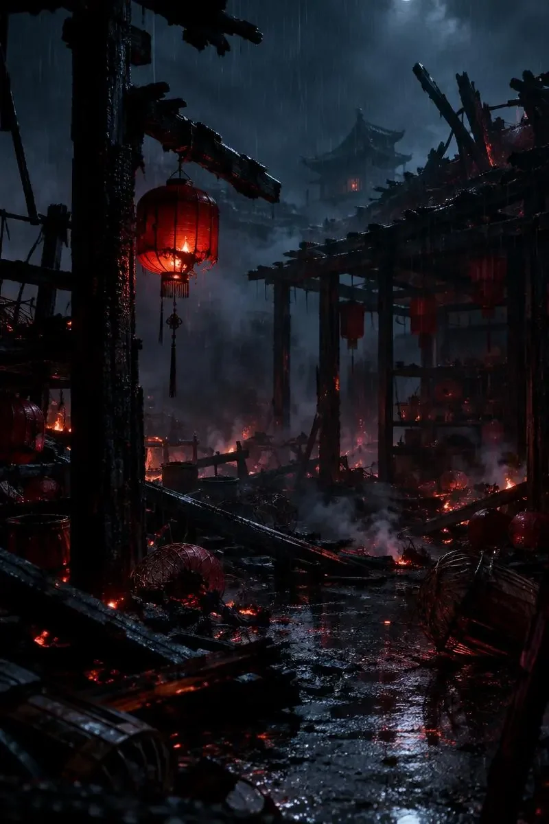 虚火归人短剧封面：雨夜中半毁灯坊的焦黑木梁