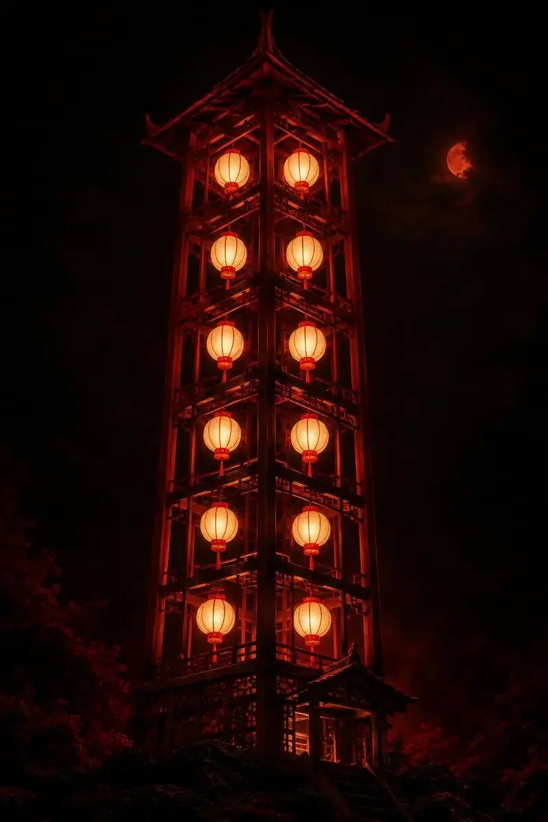 灯楼夜话短剧封面：夜色中十二盏灯笼悬于一楼